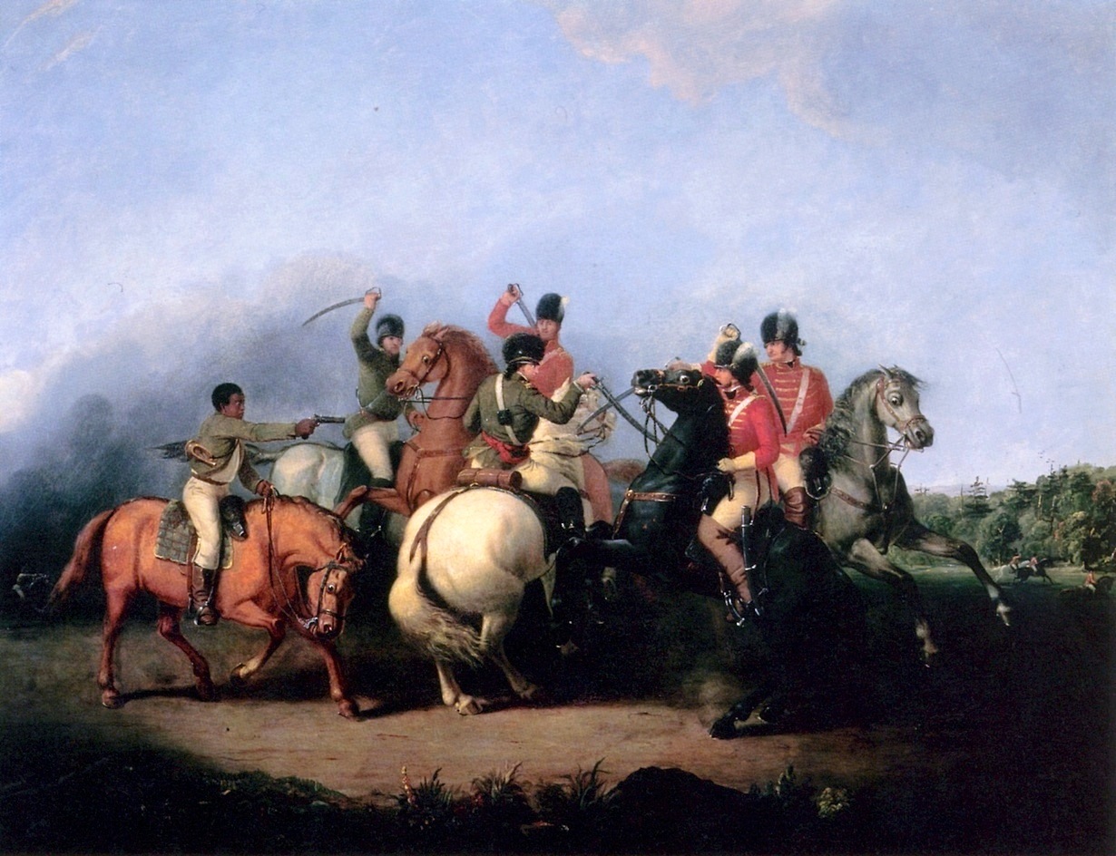 Diese Darstellung der Schlacht von Cowpens (1781) zeigt einen ungenannten schwarzen Patrioten-Soldaten, möglicherweise einen Sklaven, ganz links, der mit seiner Pistole schießt und so das Leben von Oberst William Washington rettet, der in der Mitte auf einem weißen Pferd sitzt. (Nach einem Gemälde von William Ranney aus dem Jahr 1845)