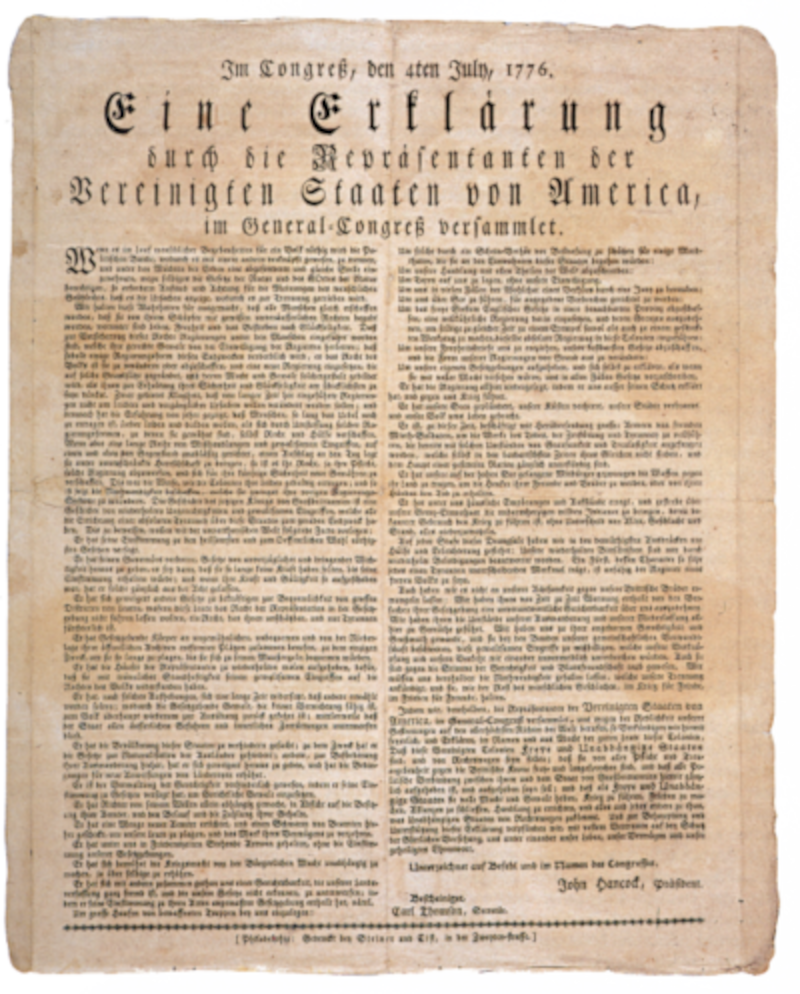 Druck in deutscher Sprache aus dem Jahr 1776 im Pennsylvanischen Staatsboten in Philadelphia.