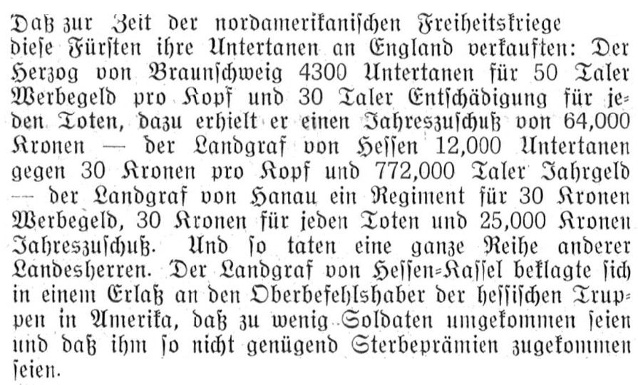 Deutsche Fürstenabfindungs Rechnung für die deutsche Beteiligung am Amerikanischen Unabhängigkeitskrieg von 1775 bis 1783. Berner Wochen Zeitung, 1926., - https://www.e-periodica.ch/digbib/view?pid=bwo-001:1926:16#162, CC BY-SA 4.0
