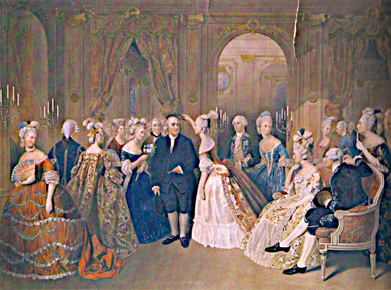 Franklin wird von Damen der Pariser Gesellschaft mit Lorbeer bekränzt. Gemälde des belgischen Malers W. O. Geller, um 1830. Yale University Library, here: scan from Isaacson, Benjamin Franlin. An American Life. Origina: Réunion des Musées Nationaux/Art Resource, NY, Gemeinfrei,