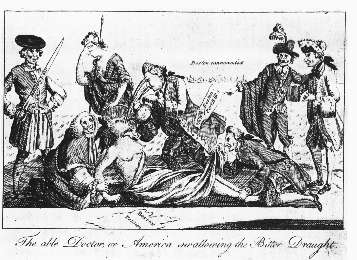 Vollständige Bildunterschrift: „The able Doctor, or America Swallowing the Bitter Draught“ (Der fähige Arzt oder Amerika schluckt den bitteren Trank). Radierung. Aus dem London Magazine, 1. Mai 1774. British Cartoon Collection. Prints and Photographs Division. LC-USZC4-5289. Premierminister Lord North, der Urheber des Boston Port Bill (Gesetz zur Schließung des Hafens von Boston), zwingt Amerika – dargestellt als verletzliche Indianerin –, die „Intolerable Acts“ (die unerträglichen Gesetze) bzw. den Tee hinunterzuschlucken. Während Lord Chief Justice Mansfield ihre Arme festhält, fixiert Lord Sandwich – ein berüchtigter Frauenheld – ihre Füße und blickt ihr unter den Rock. Im Hintergrund weint Mutter Britannia hilflos. Diese britische Karikatur wurde rasch von Paul Revere kopiert und verbreitet.