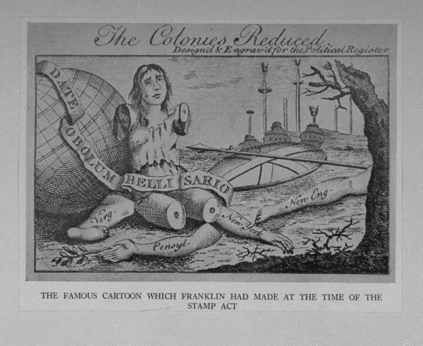 The Colonies Reduced, politischer Cartoon Franklins aus dem Jahr 1765. In Anspielung auf den früheren „Join, or Die“-Cartoon stellt Franklin das britische Weltreich mit abgetrennten Gliedmaßen dar, die mit den Namen der nordamerikanischen Kolonien versehen sind.